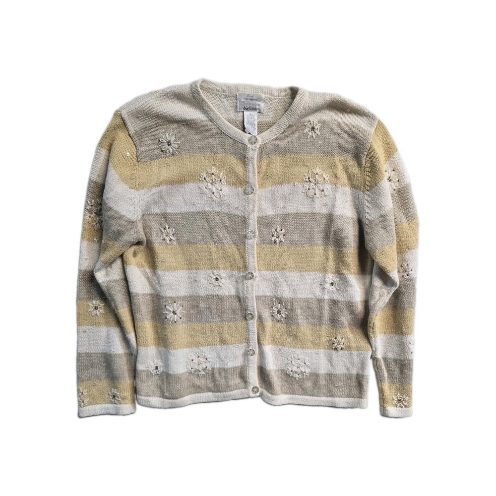 christopher and banks Hand Embroidered  Women's  Cardigan  Ramie L Striped